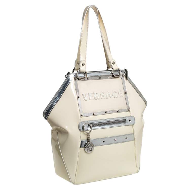 Pre Owned Versace Offf White/Silver Patent And Leather Hit Satchel
