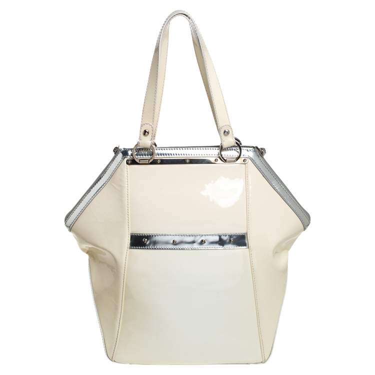 Pre Owned Versace Offf White/Silver Patent And Leather Hit Satchel