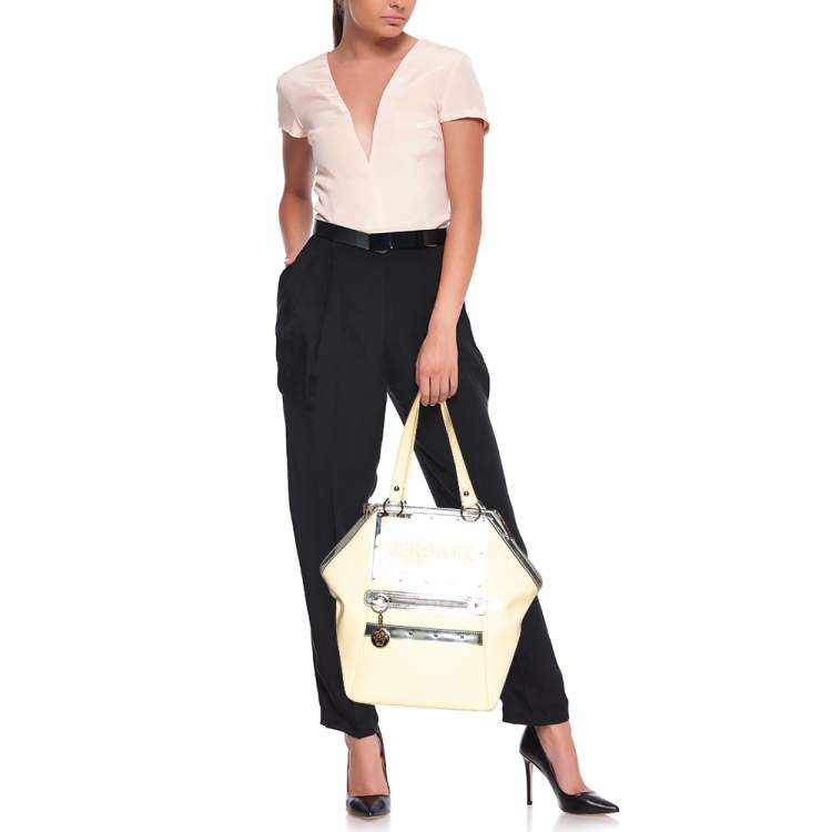 Pre Owned Versace Offf White/Silver Patent And Leather Hit Satchel
