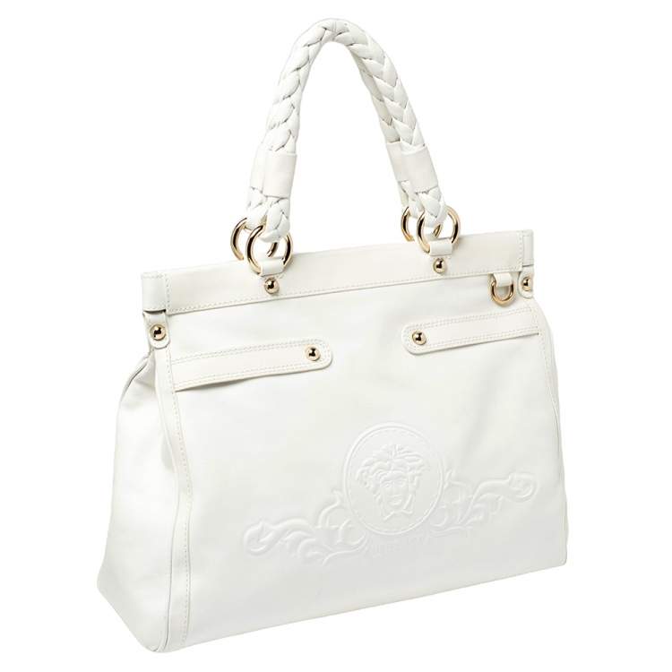 Pre Owned Versace White Leather Medusa Embossed Satchel