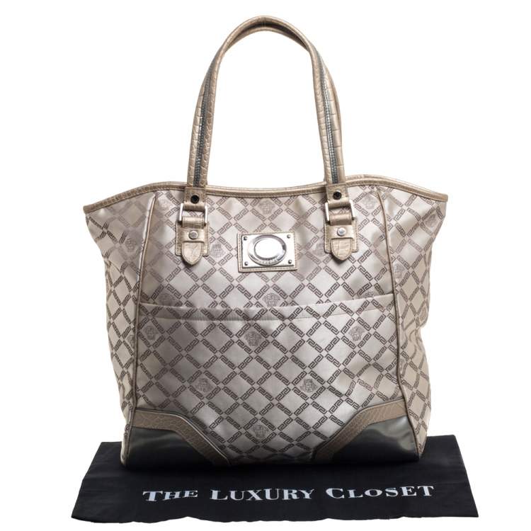 Pre Owned Versace Beige Monogram Fabric and Croc Embossed Leather Tote