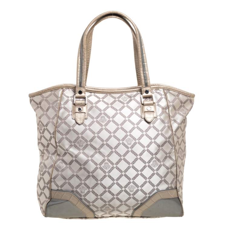 Pre Owned Versace Beige Monogram Fabric and Croc Embossed Leather Tote