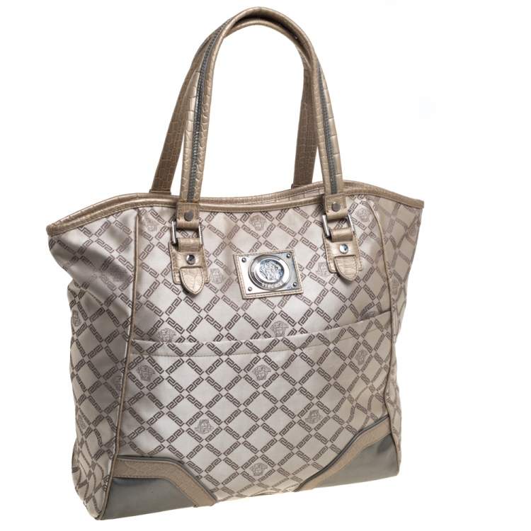 Pre Owned Versace Beige Monogram Fabric and Croc Embossed Leather Tote