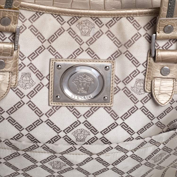 Pre Owned Versace Beige Monogram Fabric and Croc Embossed Leather Tote