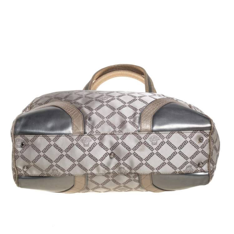 Pre Owned Versace Beige Monogram Fabric and Croc Embossed Leather Tote
