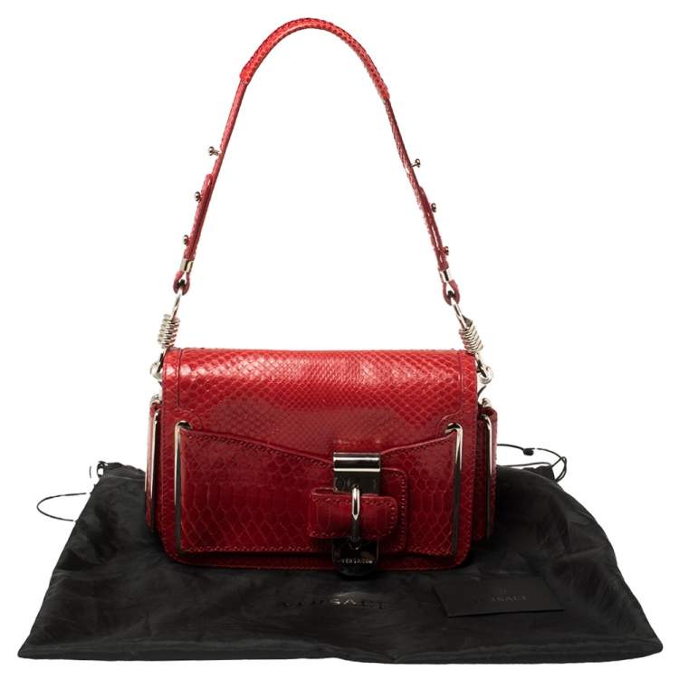 Pre Owned Versace Red Python and Suede Flap Shoulder Bag
