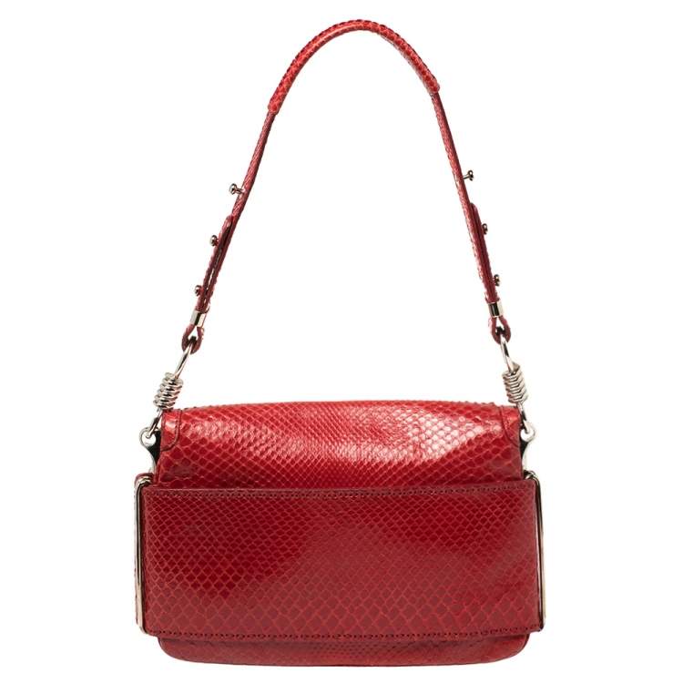 Pre Owned Versace Red Python and Suede Flap Shoulder Bag