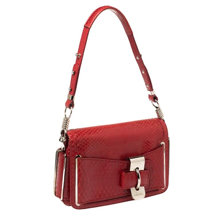 Pre Owned Versace Red Python and Suede Flap Shoulder Bag
