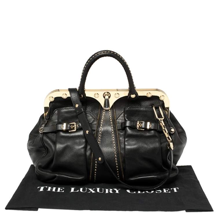 Pre Owned Versace Black Leather Studded Reve Frame Satchel