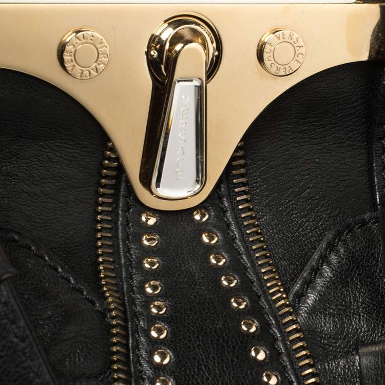 Pre Owned Versace Black Leather Studded Reve Frame Satchel