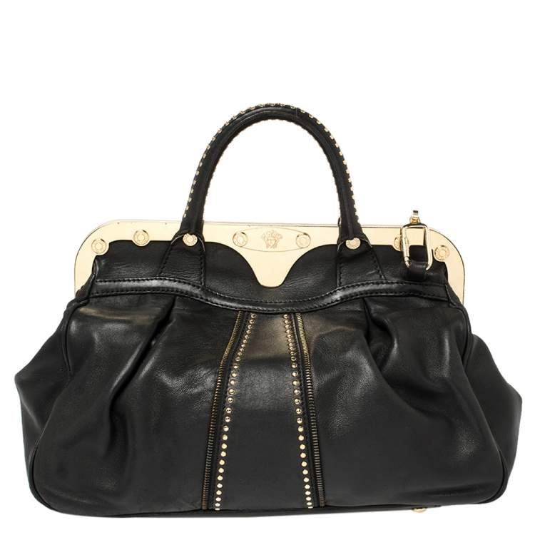 Pre Owned Versace Black Leather Studded Reve Frame Satchel