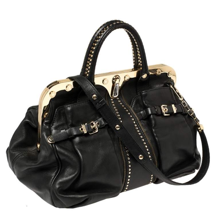 Pre Owned Versace Black Leather Studded Reve Frame Satchel