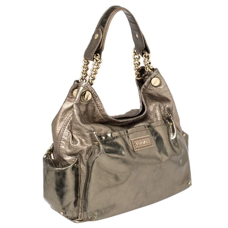 Pre Owned Versace Metallic Bronze Leather Pocket Shoulder Bag