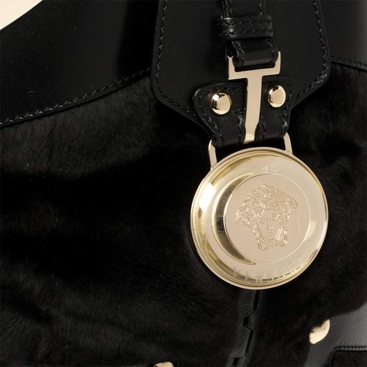 Pre Owned Versace Black Fur And Leather Studded Satchel