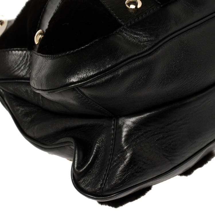 Pre Owned Versace Black Fur And Leather Studded Satchel