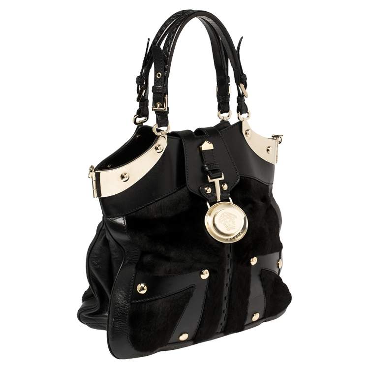 Pre Owned Versace Black Fur And Leather Studded Satchel