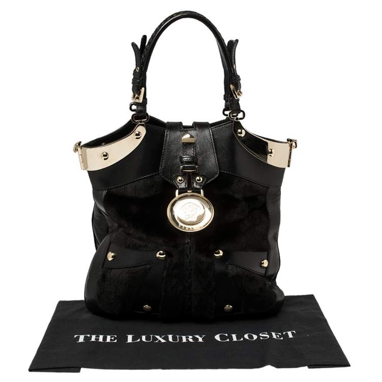 Pre Owned Versace Black Fur And Leather Studded Satchel