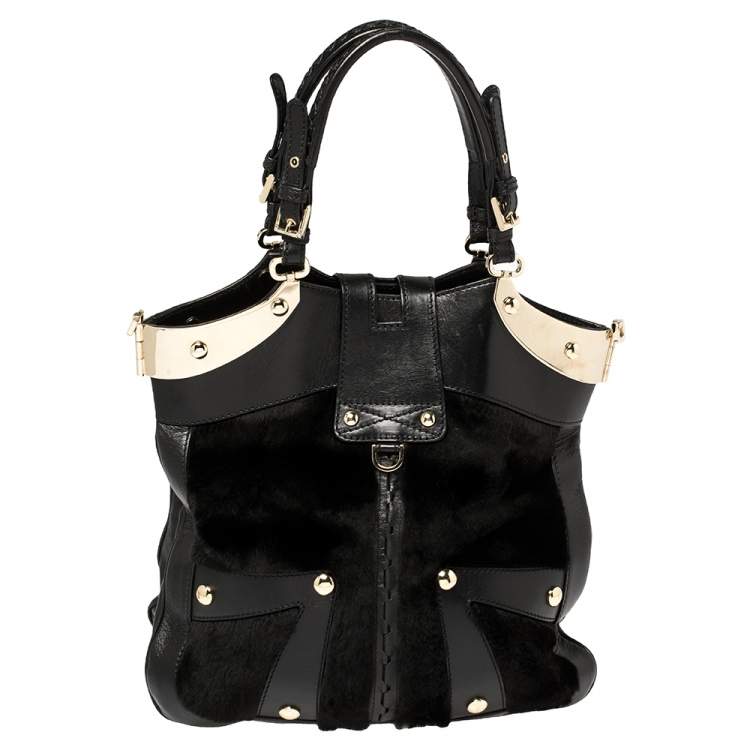 Pre Owned Versace Black Fur And Leather Studded Satchel