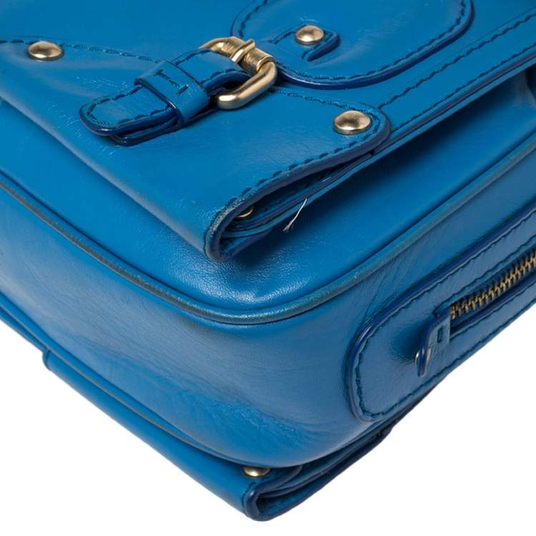 Pre Owned Versace Blue Leather Buckle Embellished Satchel