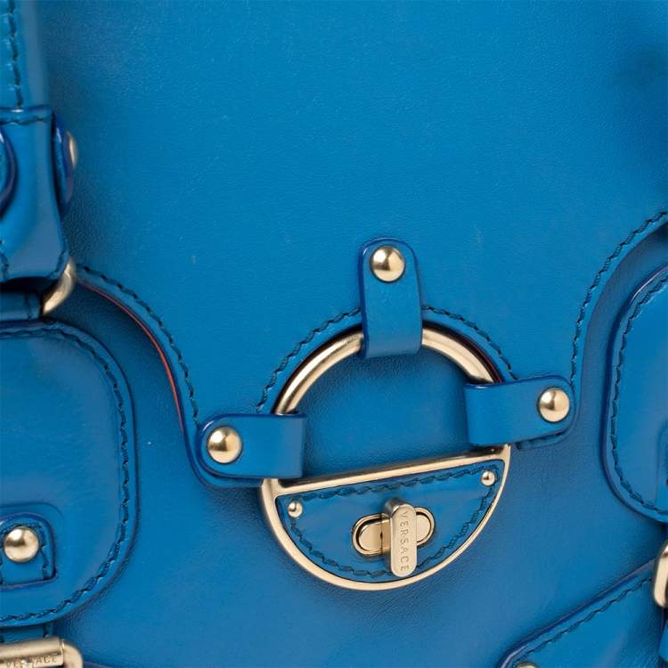 Pre Owned Versace Blue Leather Buckle Embellished Satchel