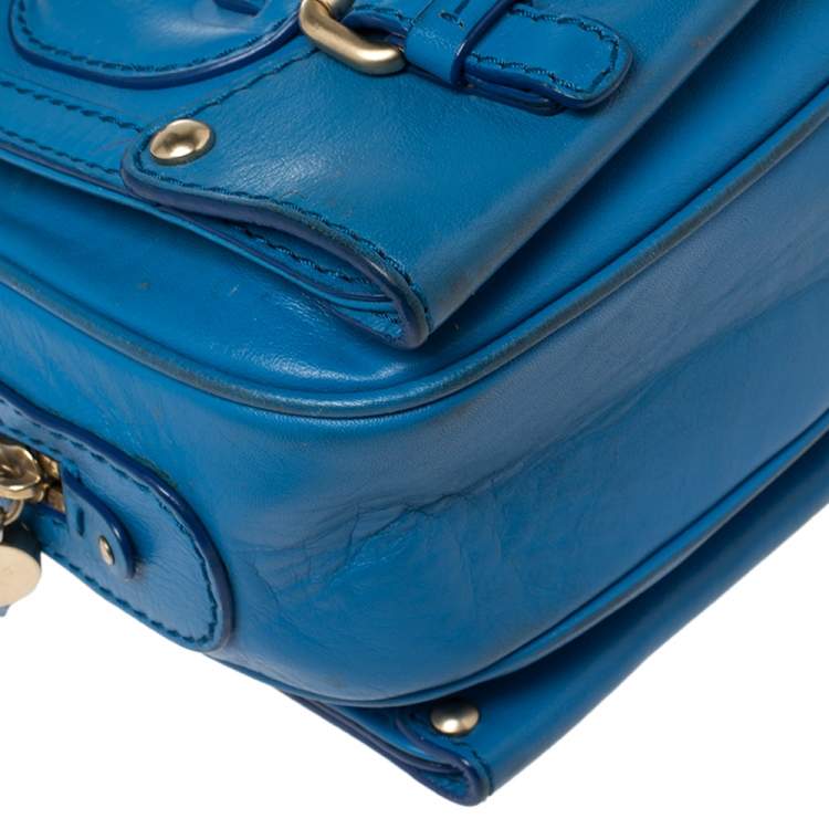Pre Owned Versace Blue Leather Buckle Embellished Satchel