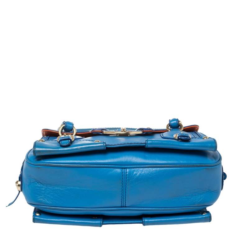 Pre Owned Versace Blue Leather Buckle Embellished Satchel