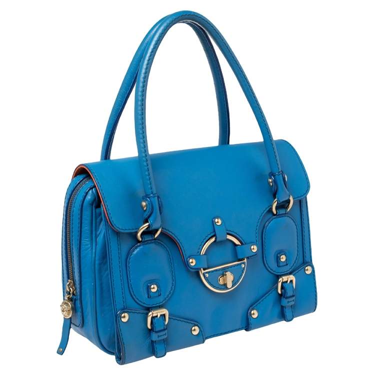 Pre Owned Versace Blue Leather Buckle Embellished Satchel