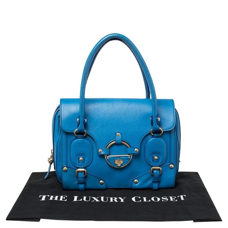 Pre Owned Versace Blue Leather Buckle Embellished Satchel