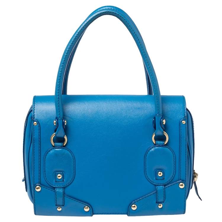Pre Owned Versace Blue Leather Buckle Embellished Satchel