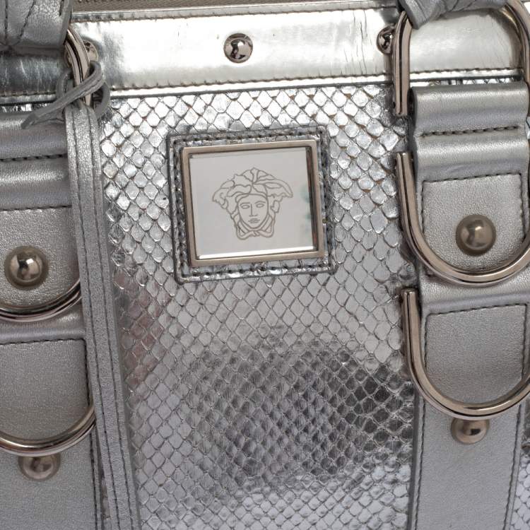Pre Owned Versace Silver Snakeskin Snap Out Of It Satchel