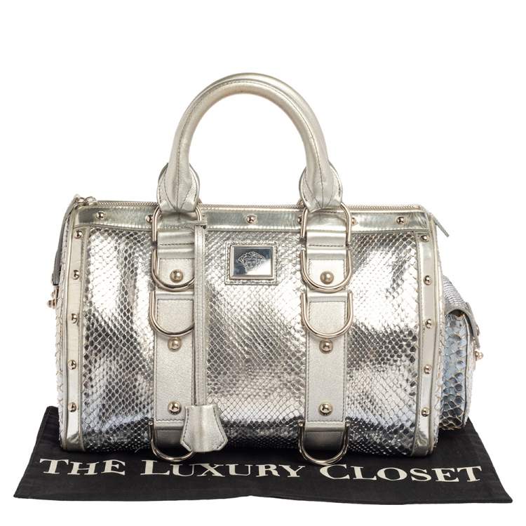 Pre Owned Versace Silver Snakeskin Snap Out Of It Satchel