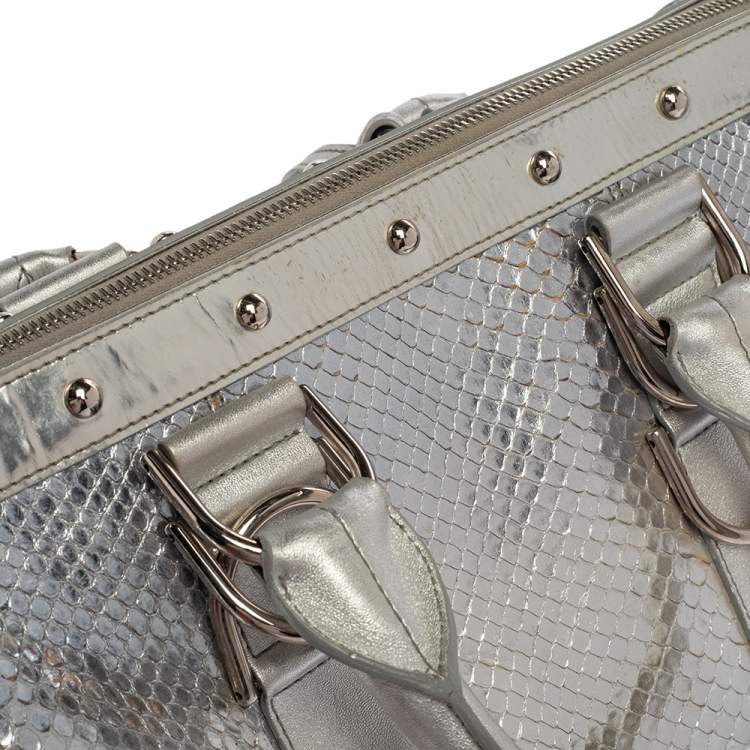 Pre Owned Versace Silver Snakeskin Snap Out Of It Satchel