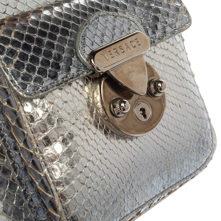 Pre Owned Versace Silver Snakeskin Snap Out Of It Satchel