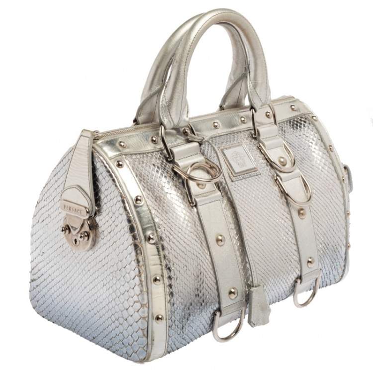 Pre Owned Versace Silver Snakeskin Snap Out Of It Satchel