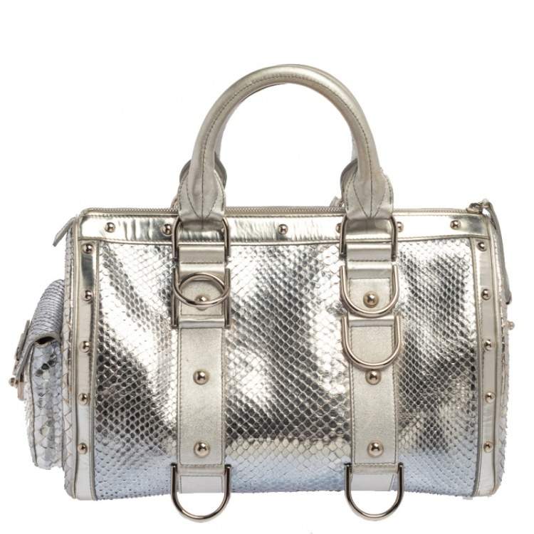 Pre Owned Versace Silver Snakeskin Snap Out Of It Satchel