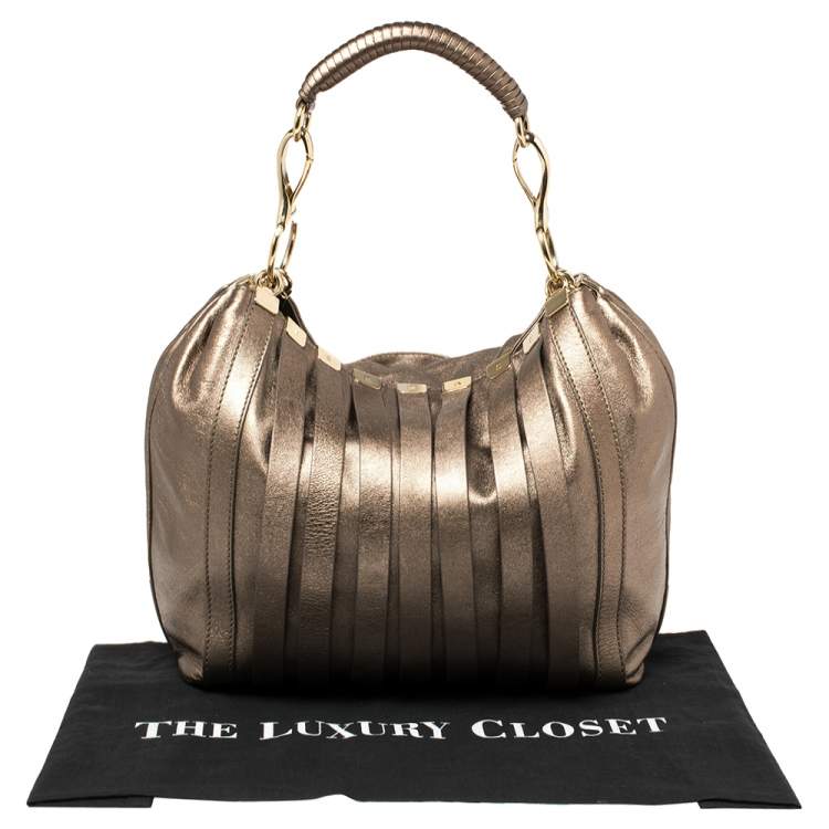 Pre Owned Versace Metallic Leather Stripped Hobo