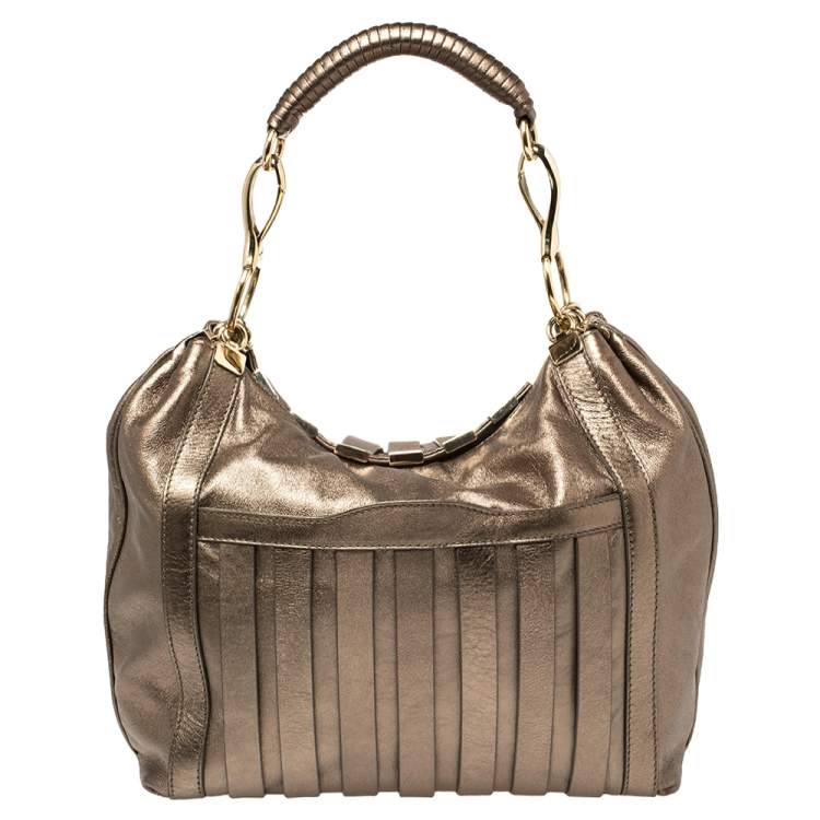 Pre Owned Versace Metallic Leather Stripped Hobo