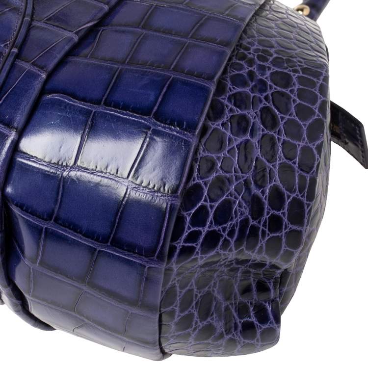 Pre Owned Versace Indigo Blue Croc Embossed Leather Logo Charm Satchel