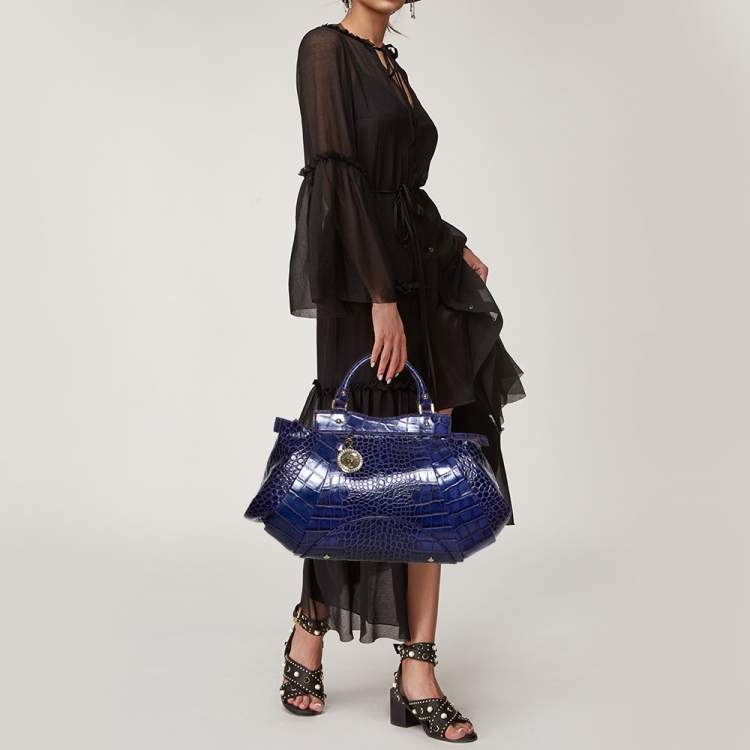 Pre Owned Versace Indigo Blue Croc Embossed Leather Logo Charm Satchel