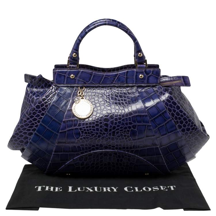 Pre Owned Versace Indigo Blue Croc Embossed Leather Logo Charm Satchel