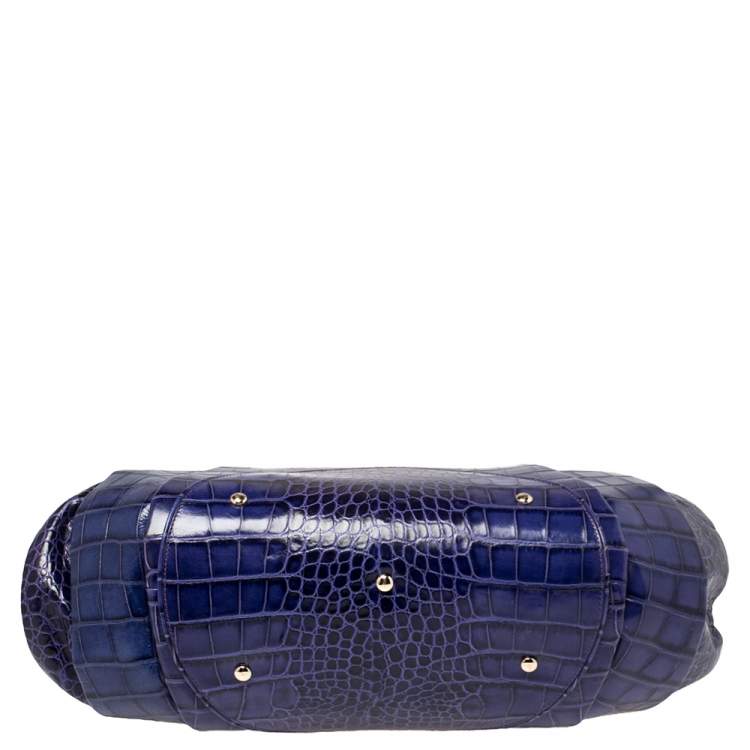 Pre Owned Versace Indigo Blue Croc Embossed Leather Logo Charm Satchel