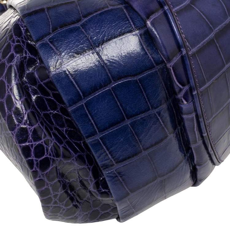 Pre Owned Versace Indigo Blue Croc Embossed Leather Logo Charm Satchel