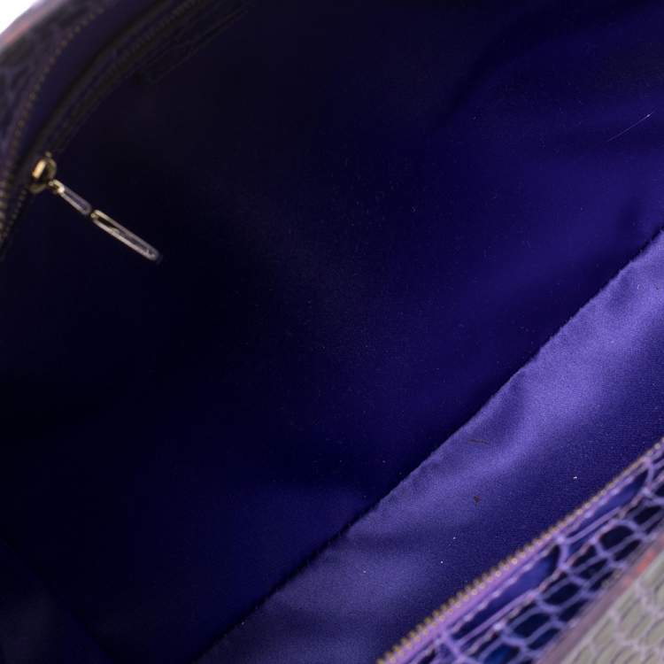 Pre Owned Versace Indigo Blue Croc Embossed Leather Logo Charm Satchel
