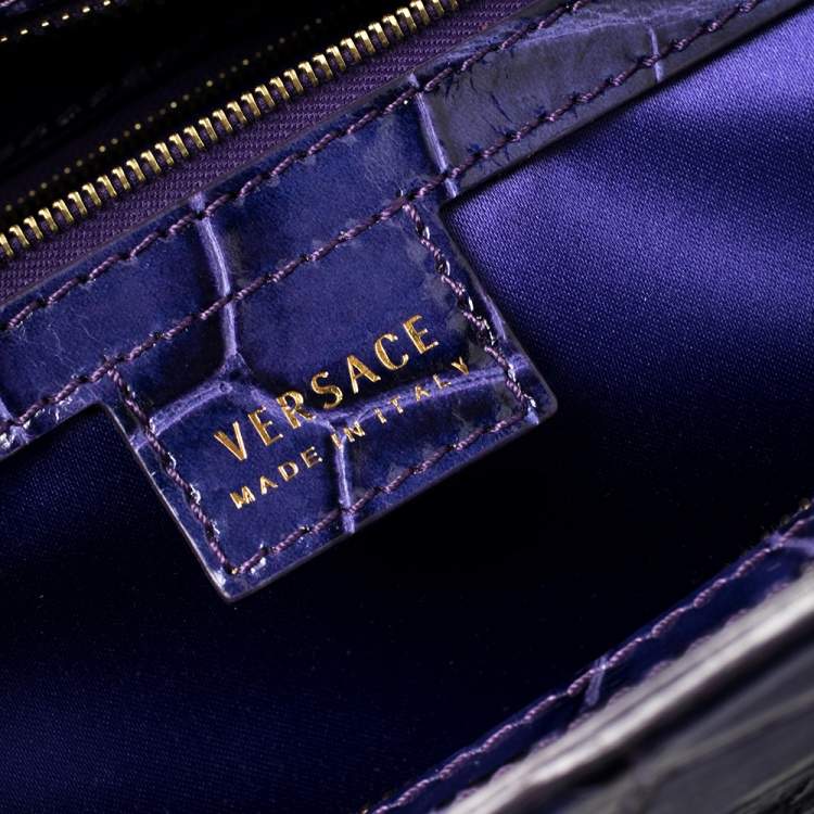Pre Owned Versace Indigo Blue Croc Embossed Leather Logo Charm Satchel