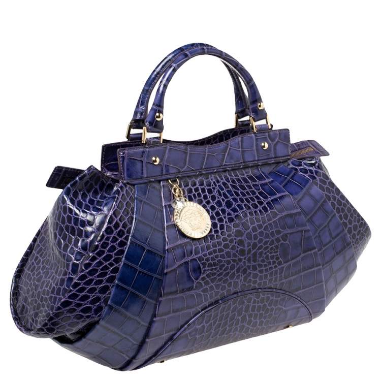 Pre Owned Versace Indigo Blue Croc Embossed Leather Logo Charm Satchel