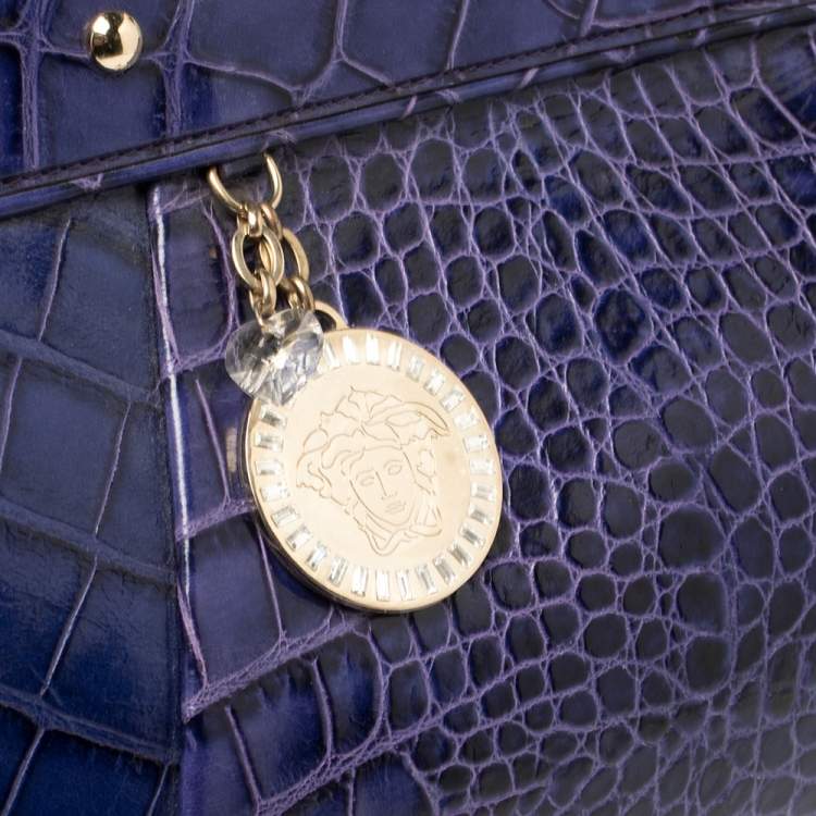 Pre Owned Versace Indigo Blue Croc Embossed Leather Logo Charm Satchel