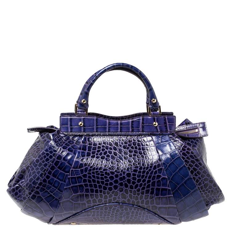 Pre Owned Versace Indigo Blue Croc Embossed Leather Logo Charm Satchel