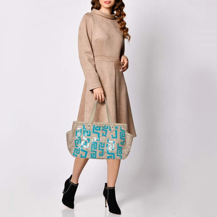 Pre Owned Versace Beige/Turquoise Medusa Print Coated Canvas and Patent Leather Patch Diaper Bag