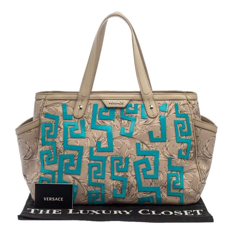 Pre Owned Versace Beige/Turquoise Medusa Print Coated Canvas and Patent Leather Patch Diaper Bag