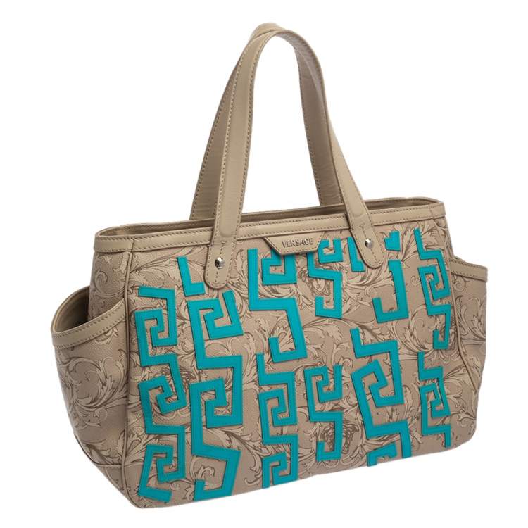 Pre Owned Versace Beige/Turquoise Medusa Print Coated Canvas and Patent Leather Patch Diaper Bag